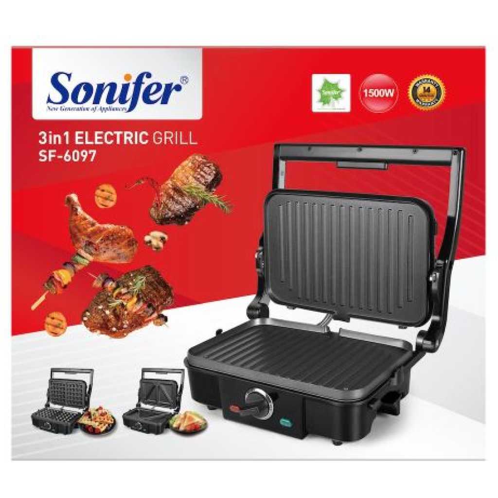 Sonifer 3 In 1 Waffle Maker Sandwich Barbecue Electric Baking Pan Toaster - Black.