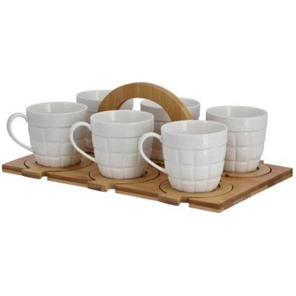 13 Pcs Porcelain Coffee & Tea Cup Set With Bamboo Saucers & Stand- White.