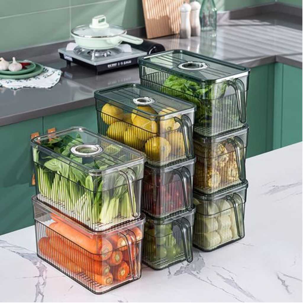 1Piece Food Storage Container Refrigerator Organizer Holder With Lid And Handle Plastic Fresh Box With Drain Basket – Green Food Savers & Storage Containers TilyExpress 5