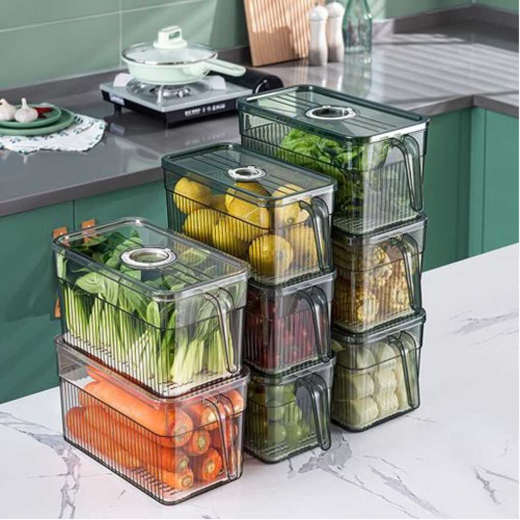 1Piece Food Storage Container Refrigerator Organizer Holder With Lid And Handle Plastic Fresh Box With Drain Basket - Green