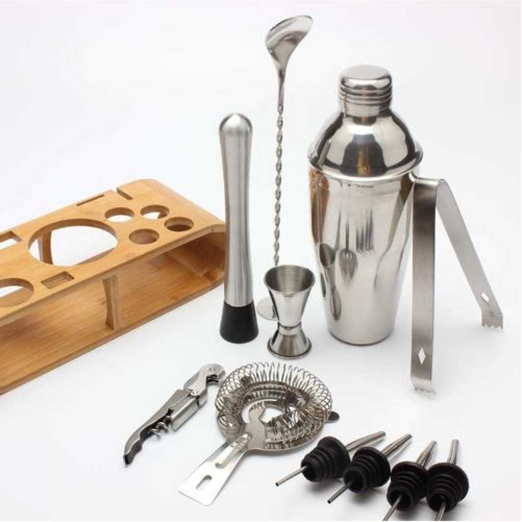 12-Piece Martini Cocktail Shaker 750ML In Stainless Steel And Bamboo Support Set- Silver.