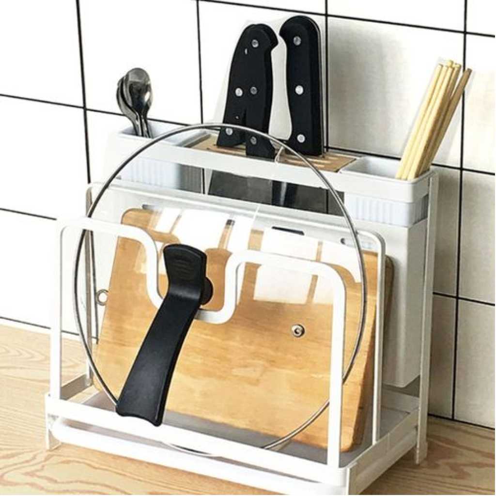 Kitchen Utensils Tool Holder Block Storage Rack Cutting Board Stand Bakeware Pan Pot Cover Lid Cutlery Organizer- White.
