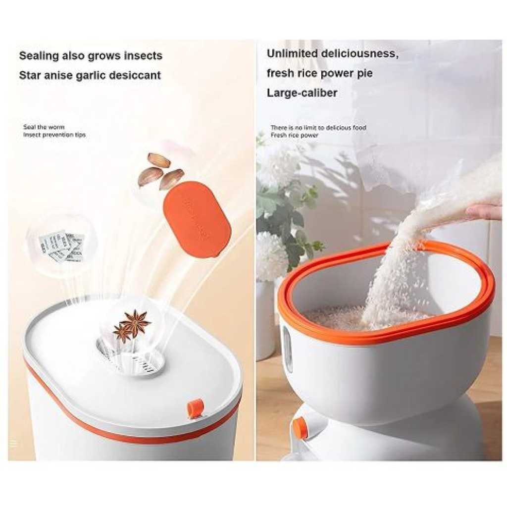 5.5 KG Airtight Rice Dispenser, Sealed Grain Container With Lid And Measuring Cup Cereal Bucket- White.