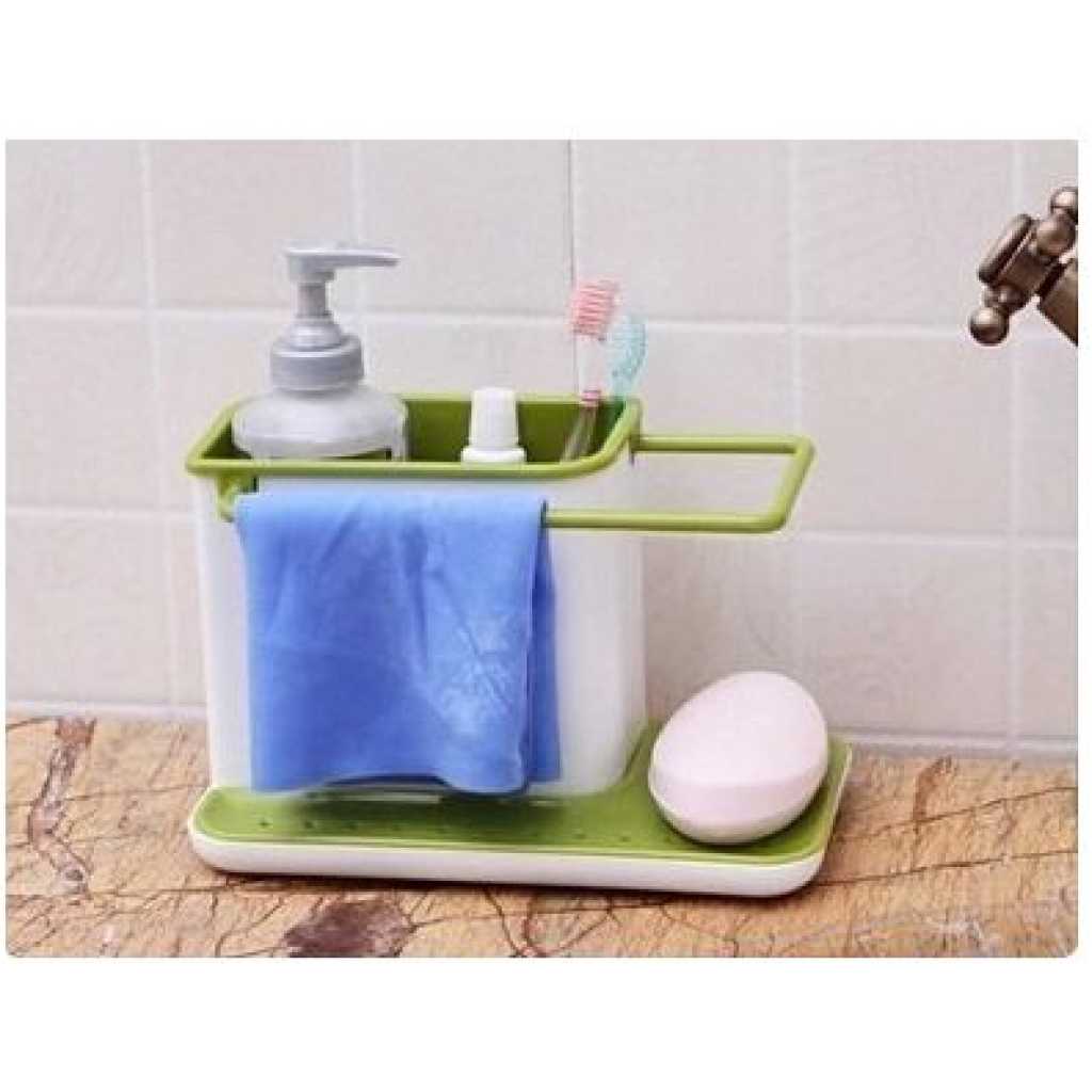 3 in1 Kitchen Sink Organizer Stand Draining Holder Towel Soap Brush Sponge Rack- Green