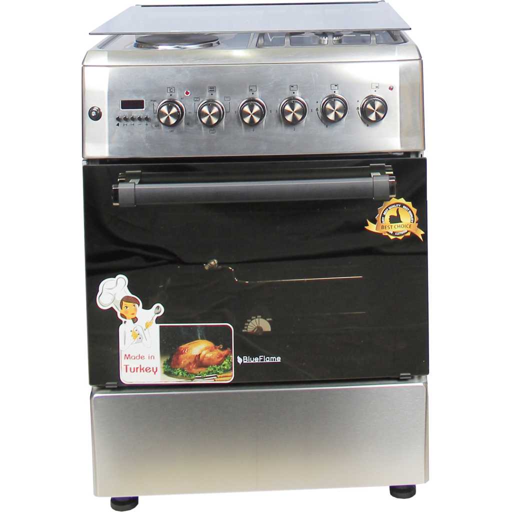 Blueflame 60x60cm Diamond Cooker; 2 Gas and 2 Hotplate D6022ERF; Electric Oven & Grill, Digital Timer, THermostat, Oven Lamp, Cast Iron Pan Supports, Rotisserie, Auto Ignition - Inox