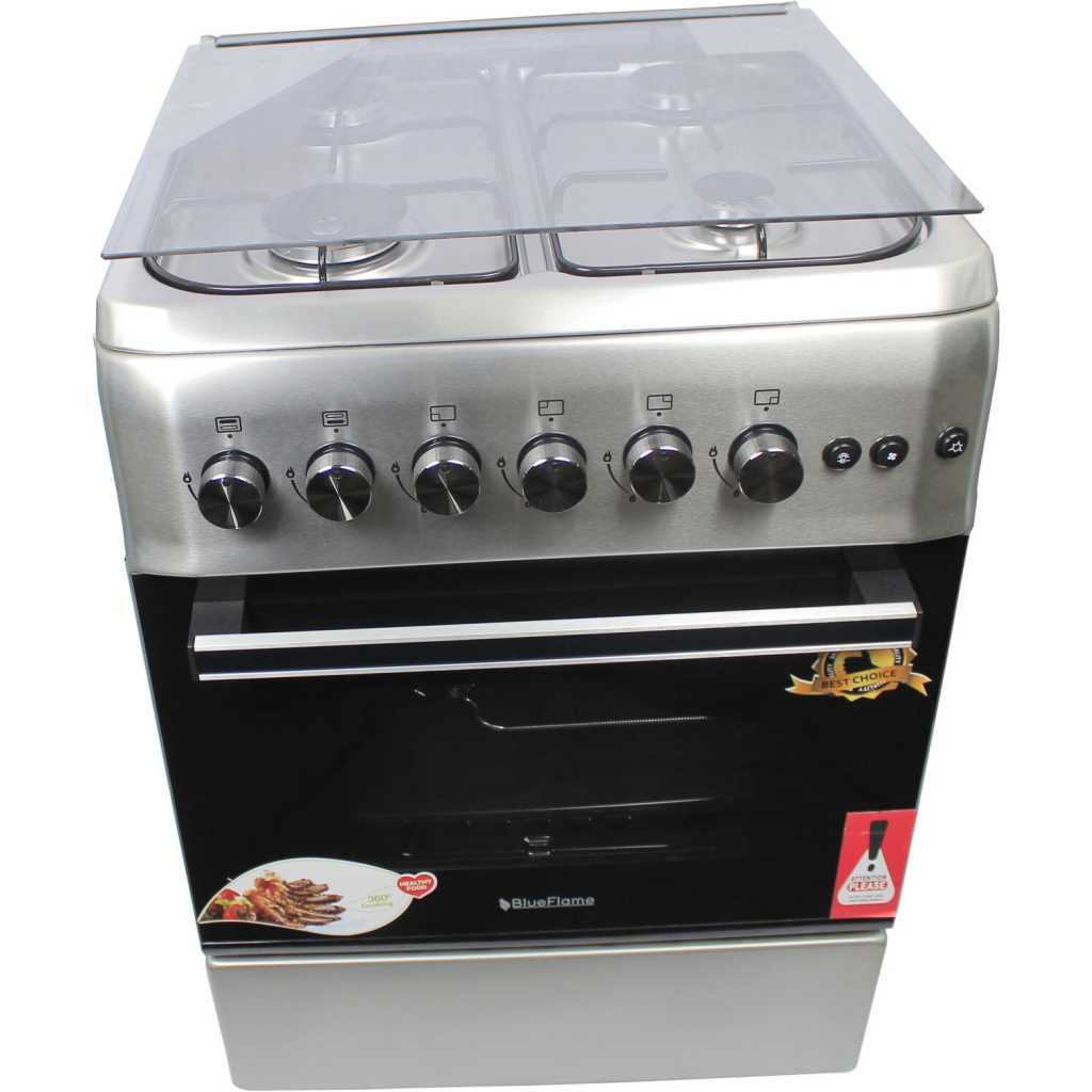 Blueflame Full Gas Cooker 60 by 60 cm S6040GRFP With Gas Oven & Grill, Turbo Fan, Automatic Ignition, Rotisserie, Glass Cover, Oven lamp - Inox