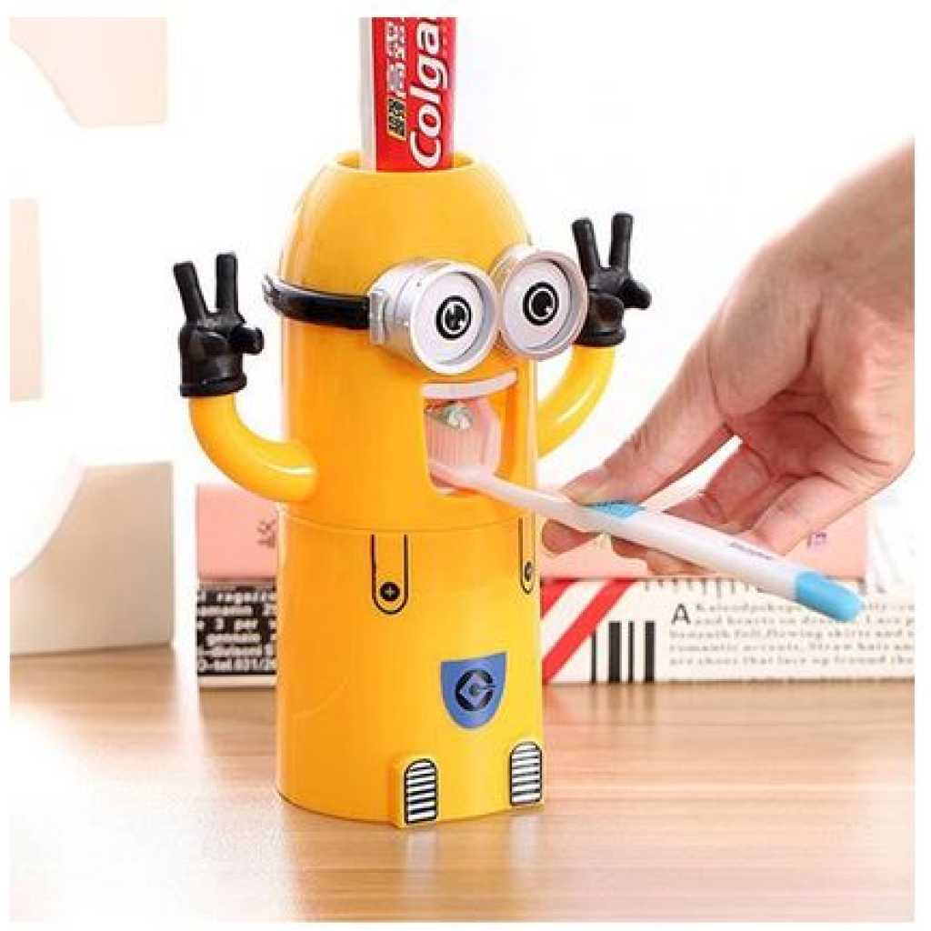 Automatic Minions Wash Kit One Toothpaste And Two Toothbrush Holder With Rinse Cup- Yellow