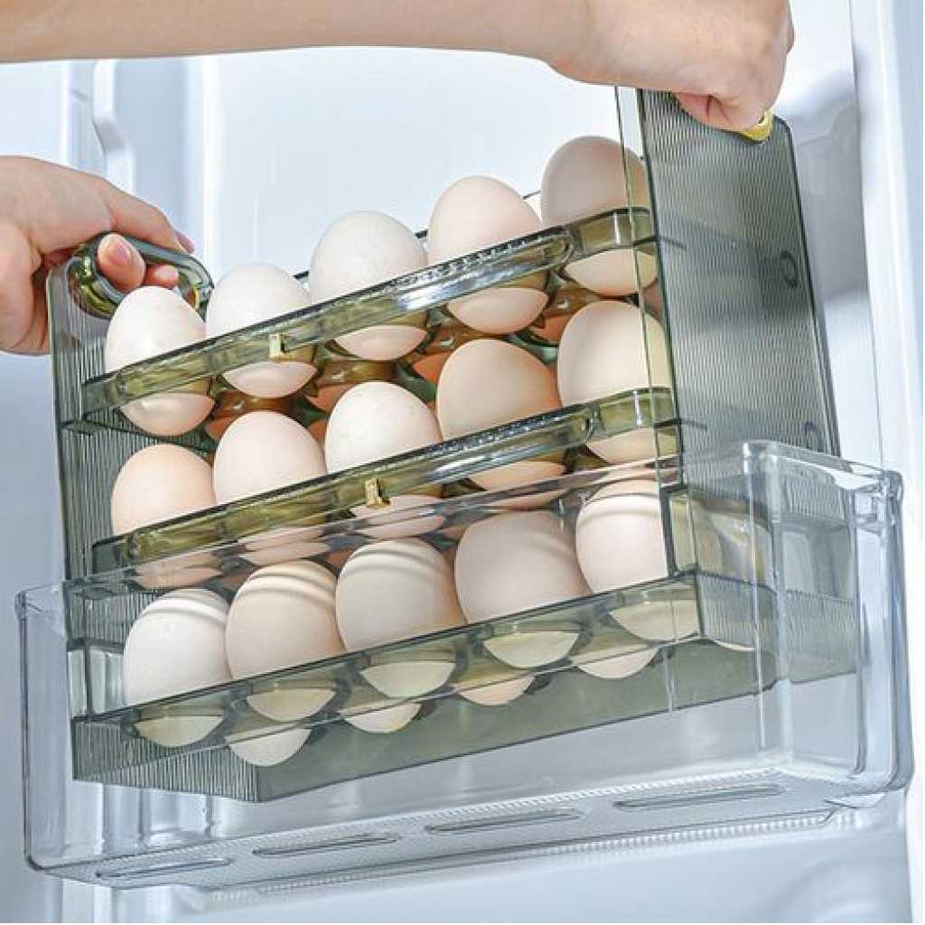 3 Layer Egg Holder For Fridge Storage Container Tray Container 30 Eggs, Space Saver- Green