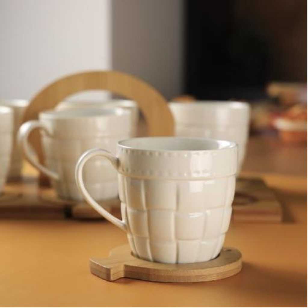 13 Pcs Porcelain Coffee & Tea Cup Set With Bamboo Saucers & Stand- White.