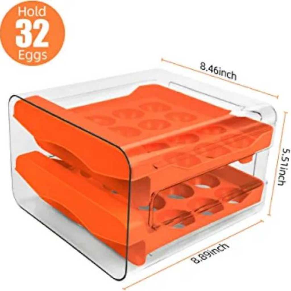 32 Grid Egg Holder For Refrigerator 2-Layer Egg Container Organizer Tray Storage Container- Orange