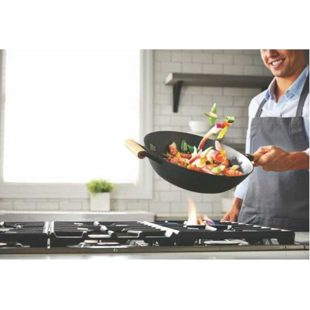 Non-stick Wok Stir Frying Pan Saucepan With Wooden Handle- Black