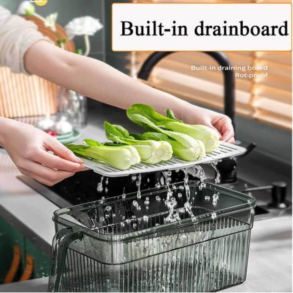 1Piece Food Storage Container Refrigerator Organizer Holder With Lid And Handle Plastic Fresh Box With Drain Basket - Green