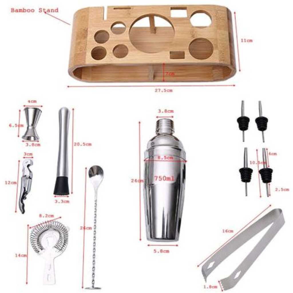 12-Piece Martini Cocktail Shaker 750ML In Stainless Steel And Bamboo Support Set- Silver.