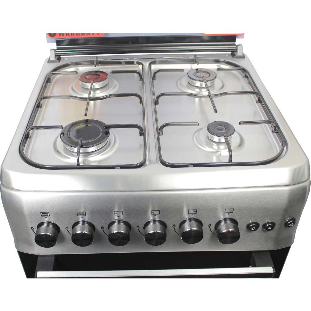 Blueflame Full Gas Cooker 60 by 60 cm S6040GRFP With Gas Oven & Grill, Turbo Fan, Automatic Ignition, Rotisserie, Glass Cover, Oven lamp - Inox