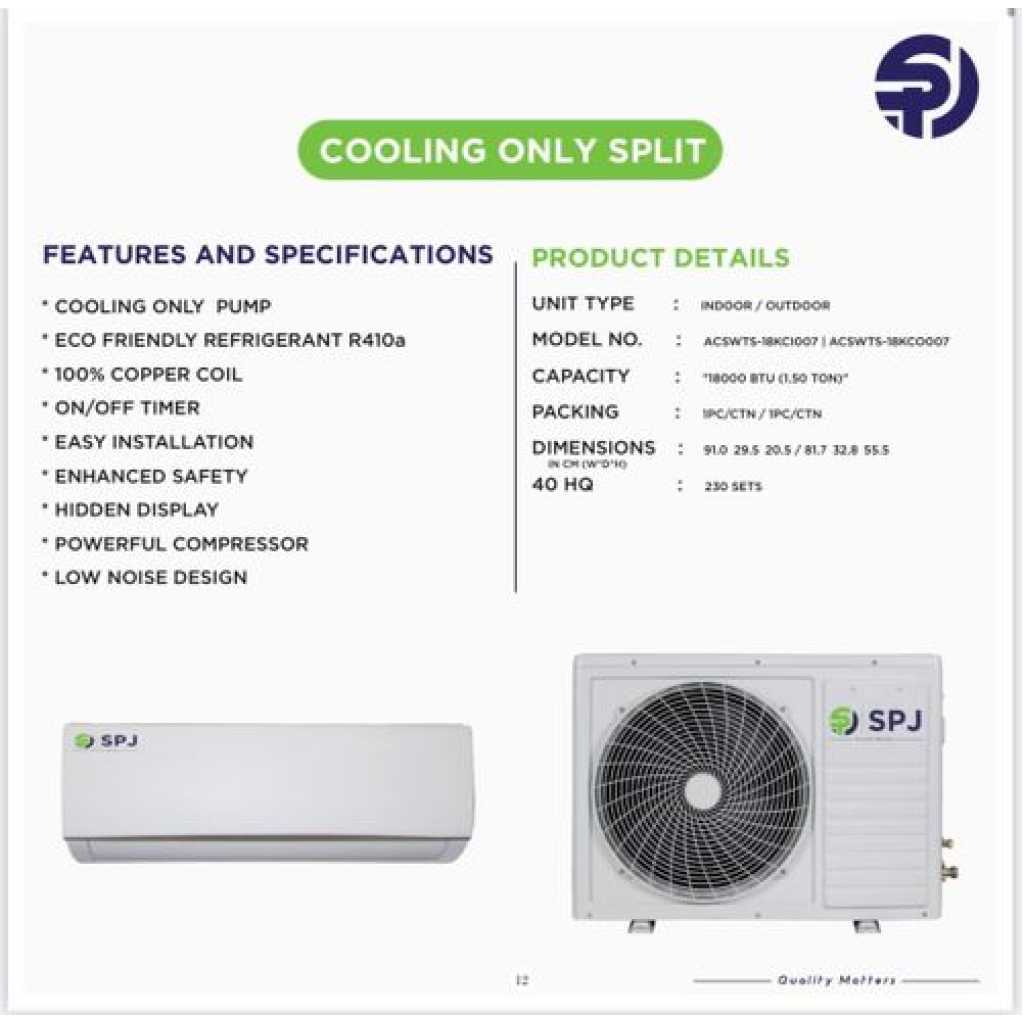 SPJ 9000 BTU Wall Split Air Conditioner R410a - White