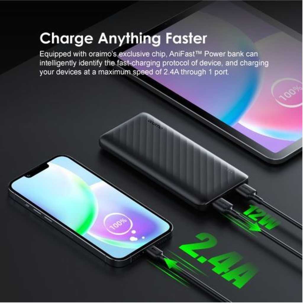 Oraimo Toast 10 Flash 10000mAh 2.4A Max Fast Charging Portable Power Bank OPB-P118D - Black