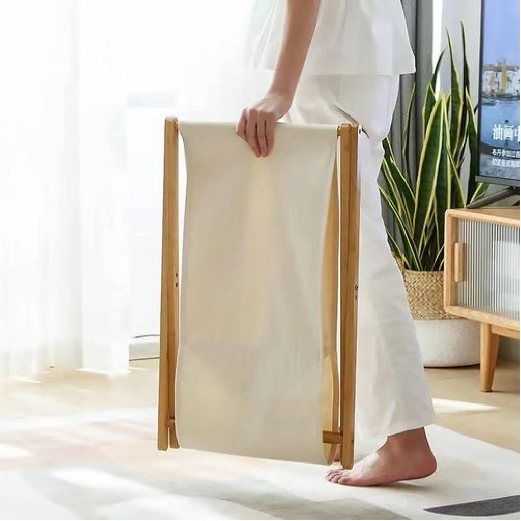 Foldable Clothes Laundry Basket Bag With Wooden Stand Storage Bin - Cream