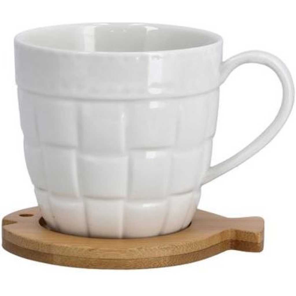 13 Pcs Porcelain Coffee & Tea Cup Set With Bamboo Saucers & Stand- White.