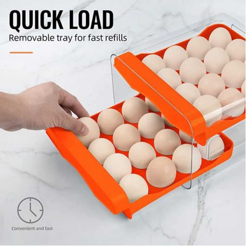 32 Grid Egg Holder For Refrigerator 2-Layer Egg Container Organizer Tray Storage Container- Orange