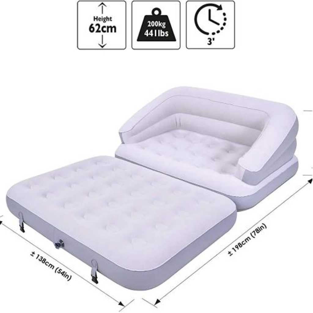 Double Air Couch Folding Sofa Bed Inflatable MattressPool Float Waterproof Blow Up Sofa For Camping Pool Bedroom Overnight - Grey.