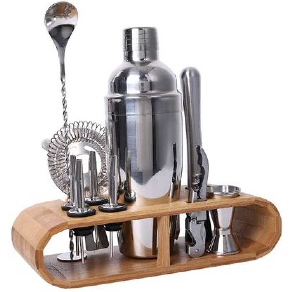 12-Piece Martini Cocktail Shaker 750ML In Stainless Steel And Bamboo Support Set- Silver.