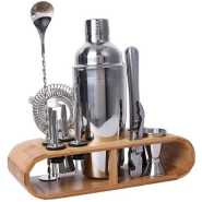 12-Piece Martini Cocktail Shaker 750ML In Stainless Steel And Bamboo Support Set- Silver.