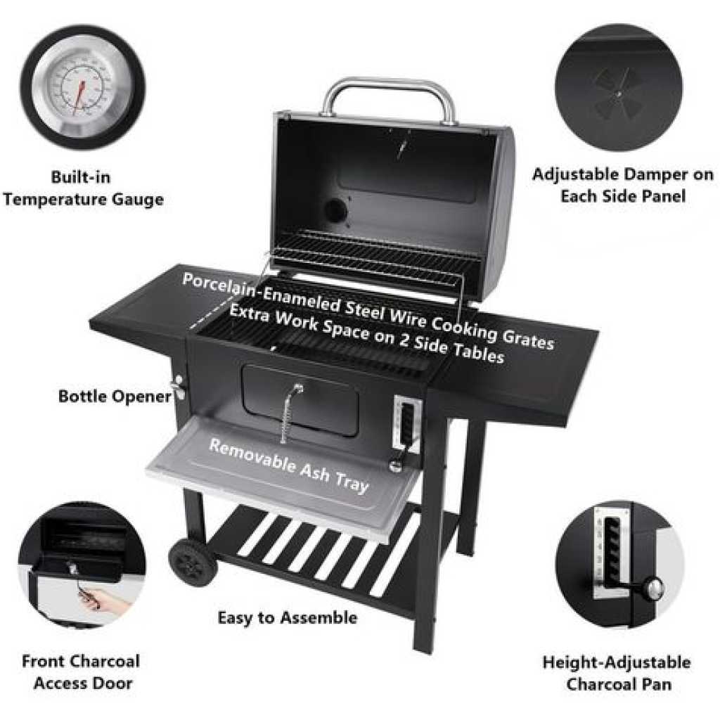 Charcoal Grill, BBQ Smoker Picnic Camping Patio Backyard Cooking- Black