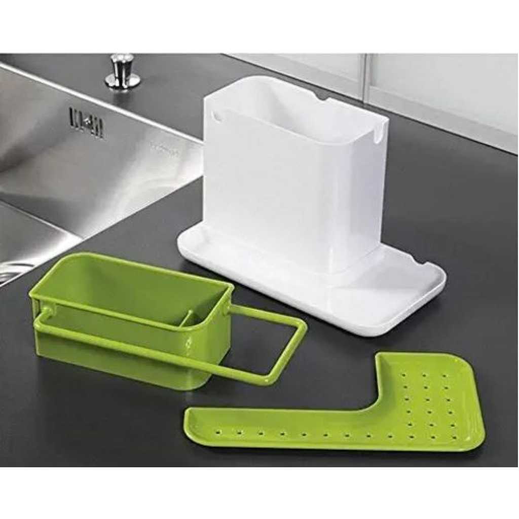 3 in1 Kitchen Sink Organizer Stand Draining Holder Towel Soap Brush Sponge Rack- Green