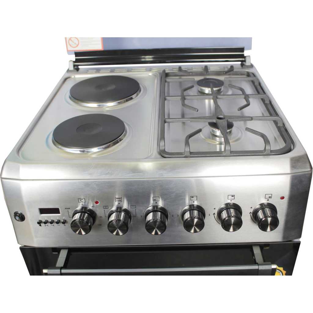 Blueflame 60x60cm Diamond Cooker; 2 Gas and 2 Hotplate D6022ERF; Electric Oven & Grill, Digital Timer, THermostat, Oven Lamp, Cast Iron Pan Supports, Rotisserie, Auto Ignition - Inox