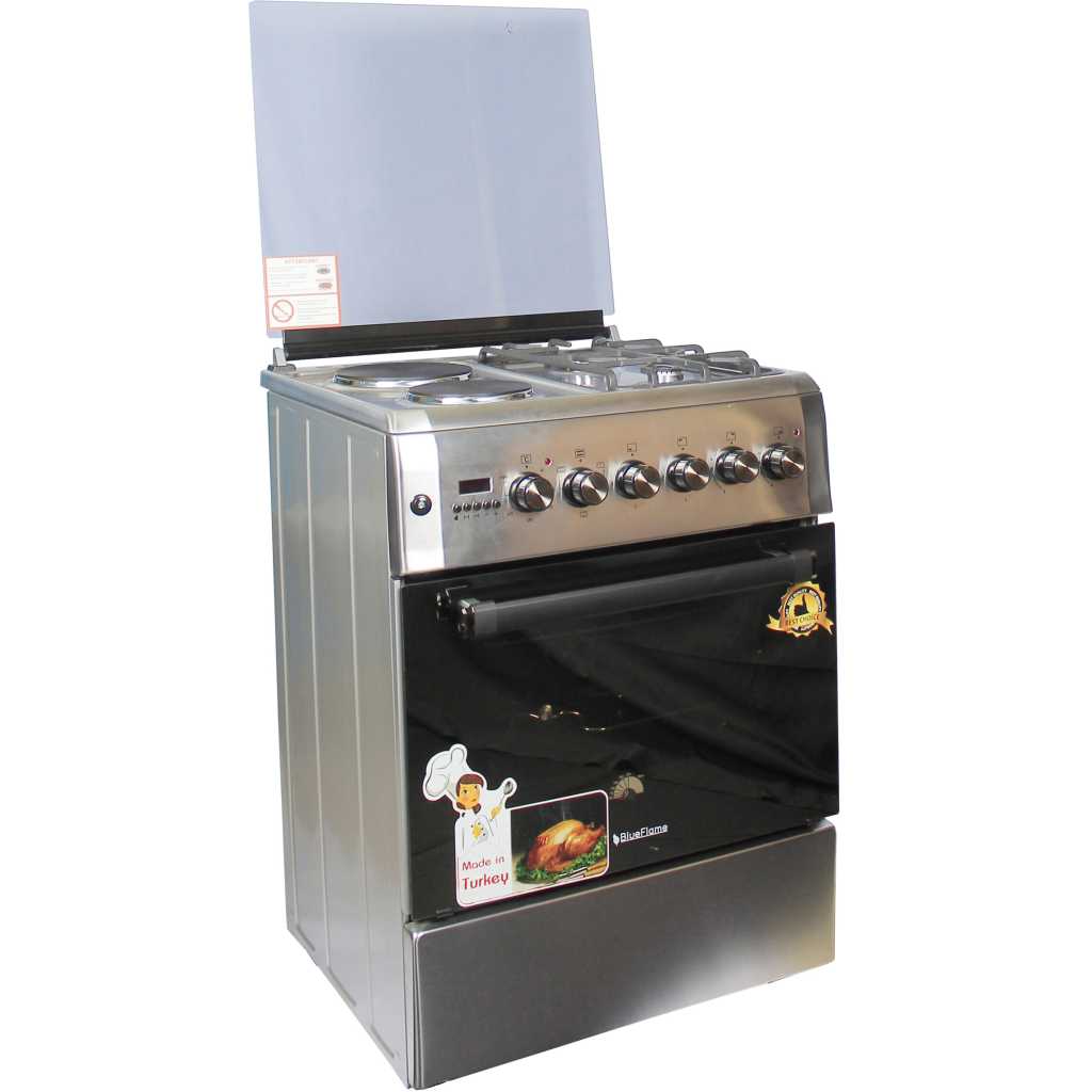 Blueflame 60x60cm Diamond Cooker; 2 Gas and 2 Hotplate D6022ERF; Electric Oven & Grill, Digital Timer, Oven Lamp, Rotisserie, Auto Ignition