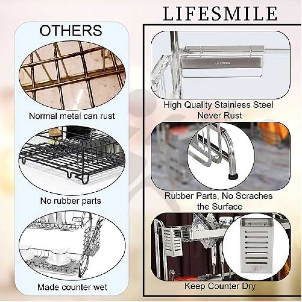 Life Smile Over Sink Dish Drying Rack, 2 Tier Stainless Steel Storage Kitchen Rack For Kitchen Counter Organizer Space Saver - Silver
