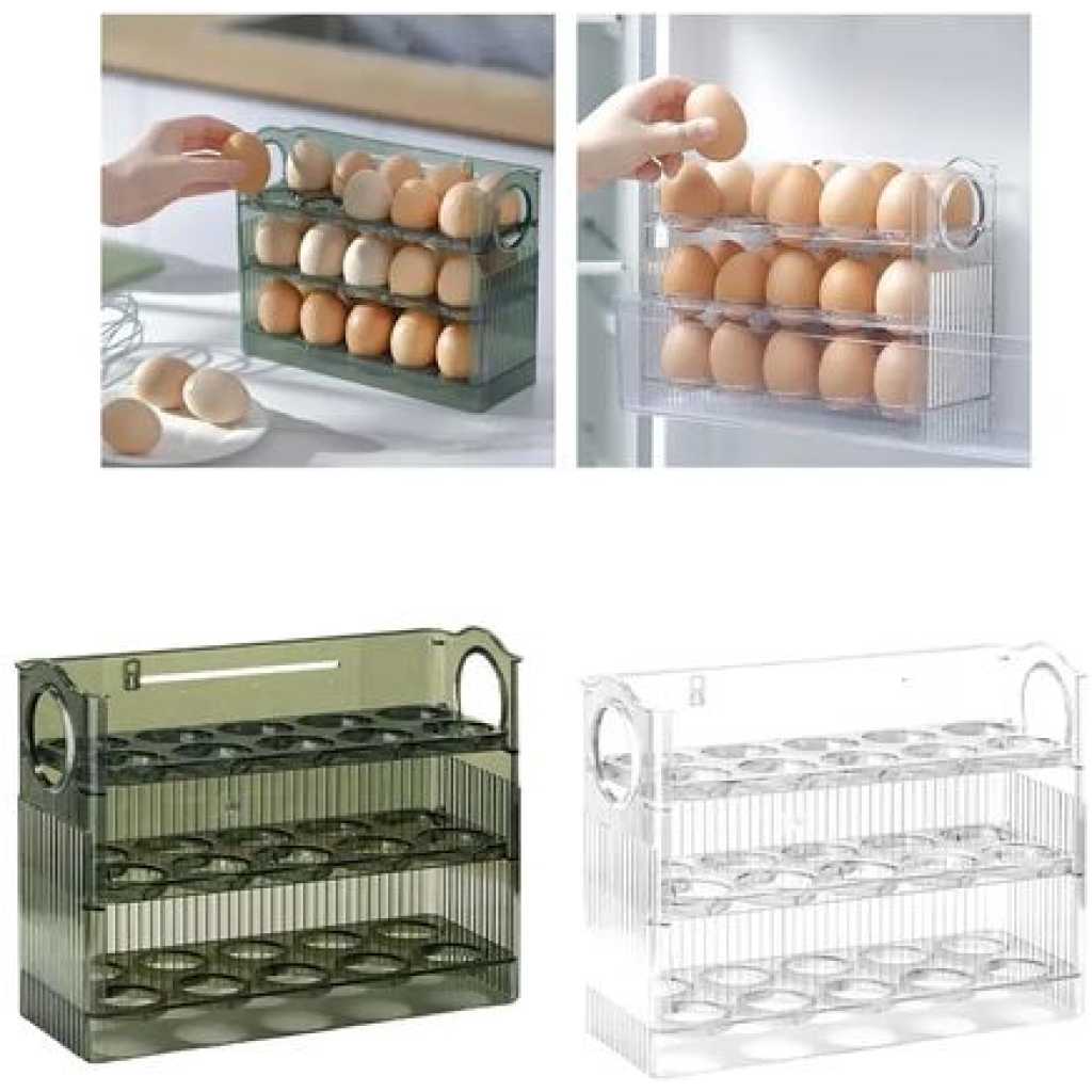 3 Layer Egg Holder For Fridge Storage Container Tray Container 30 Eggs, Space Saver- Green