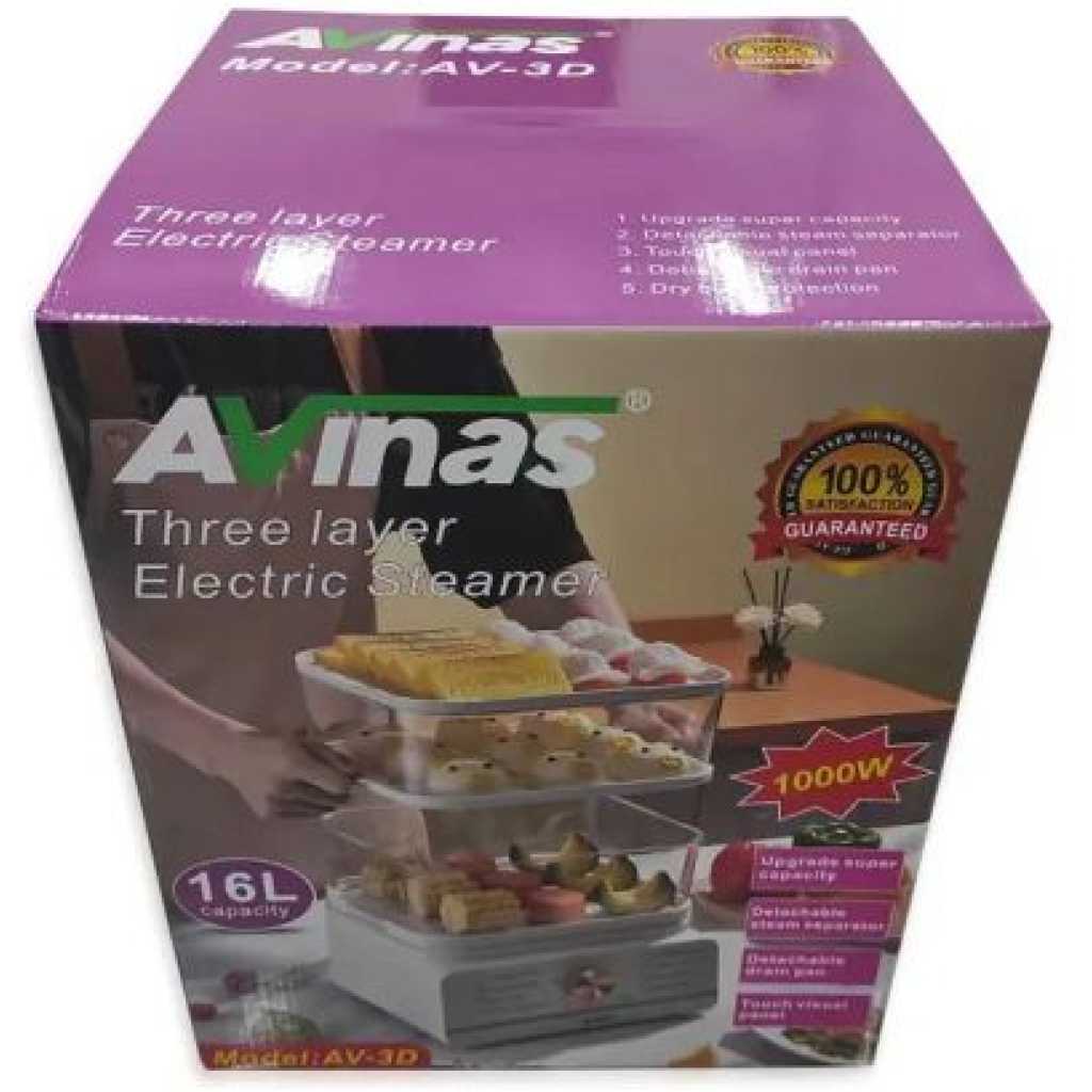 AVINAS 3 Layer 16L Electric Food Cooking Steamer Pot With Display, Timer Fuction- Clear