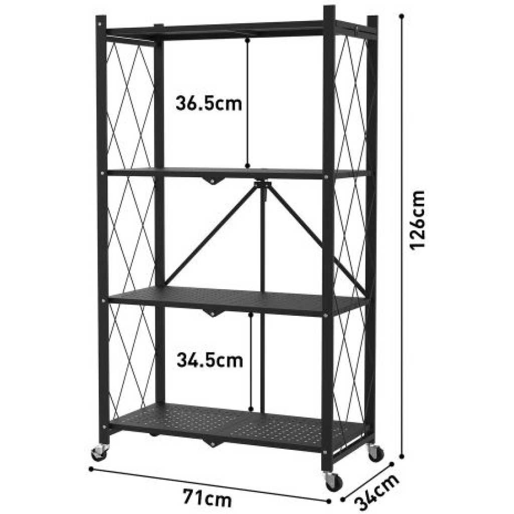 4 Tier Foldable Storage Shelves With Wheels Rack Pantry Organizer For Kitchen Bedroom Bathroom Office- Black