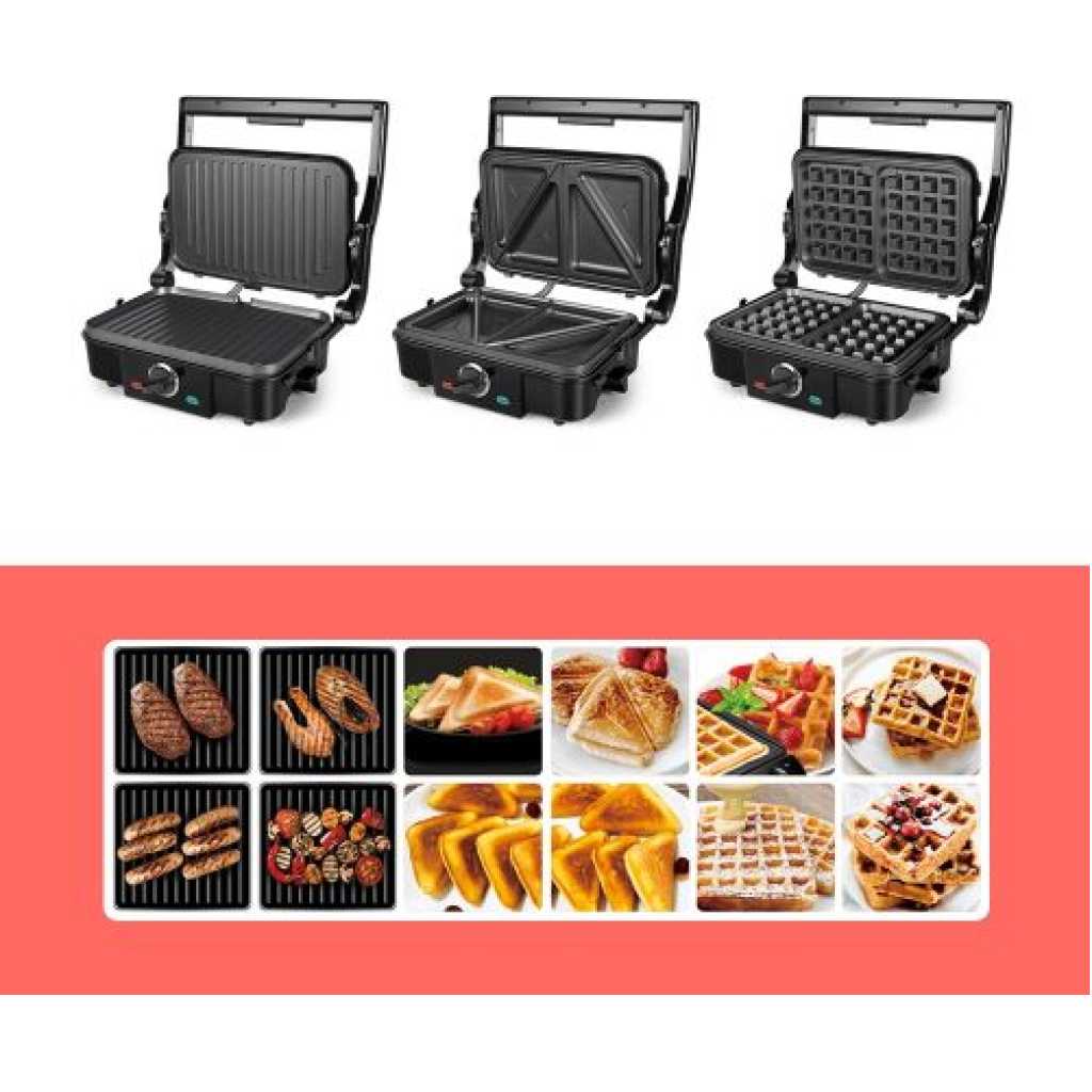 Sonifer 3 In 1 Waffle Maker Sandwich Barbecue Electric Baking Pan Toaster - Black.