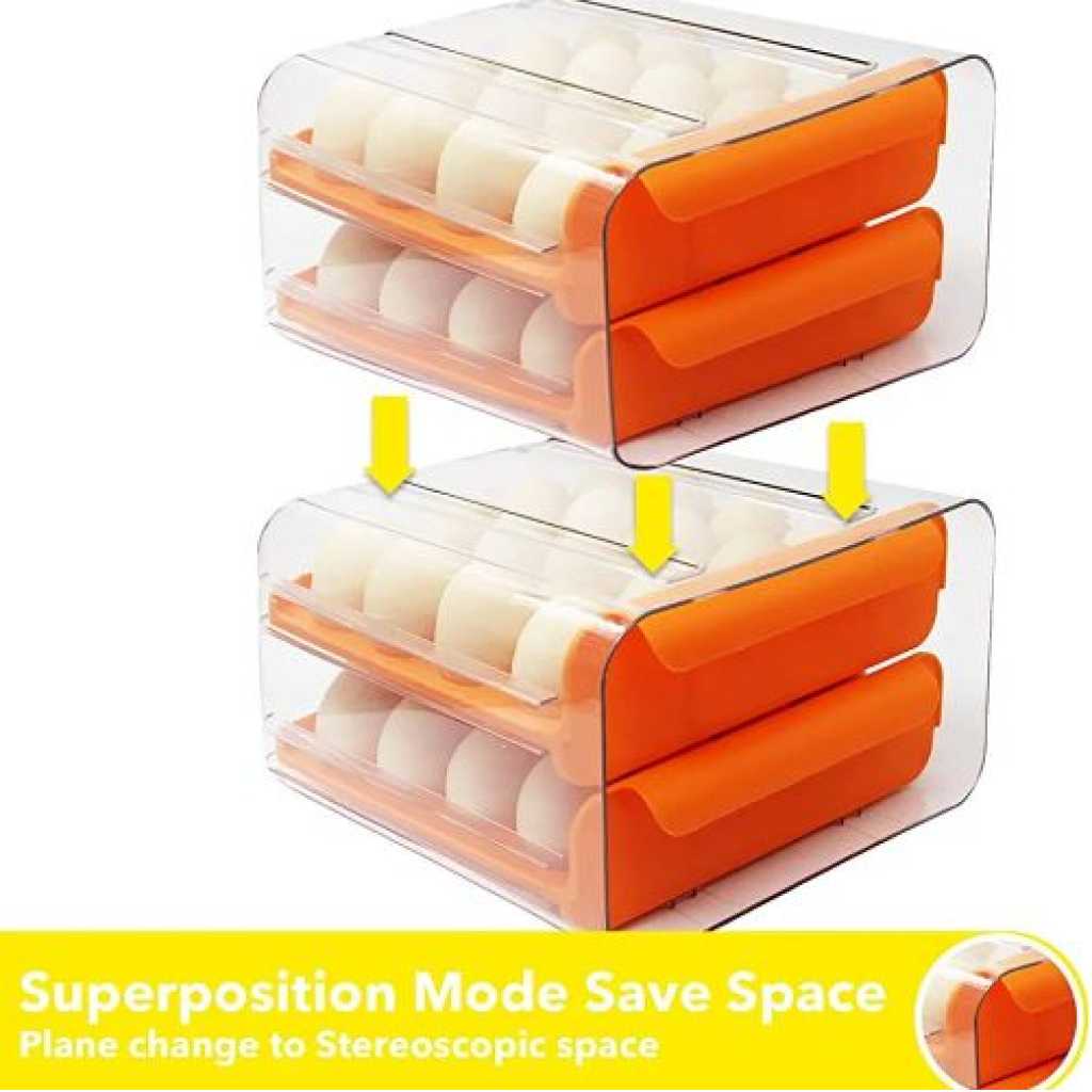 32 Grid Egg Holder For Refrigerator 2-Layer Egg Container Organizer Tray Storage Container- Orange