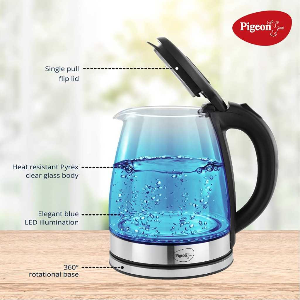 Pigeon 1.8-Litre Crystal Glass Electric Kettle with LED Illumination, Heat Resistant Pyrex 1500 Watt