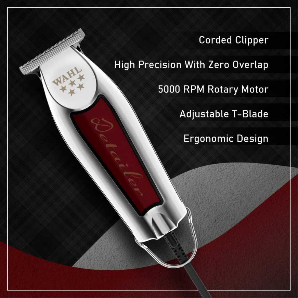 Wahl Detailer Hair Clipper; Professional 5-Star with Adjustable T Blade for Extremely Close Trimming and Clean and Crisp Lines for Professional Barbers and Stylists - Model 808, Silver