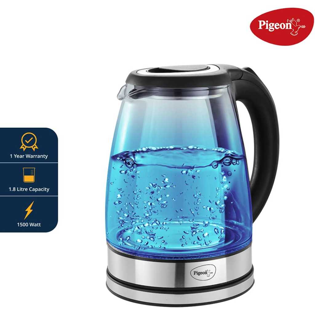 Pigeon 1.8-Litre Crystal Glass Electric Kettle with LED Illumination, Heat Resistant Pyrex 1500 Watt