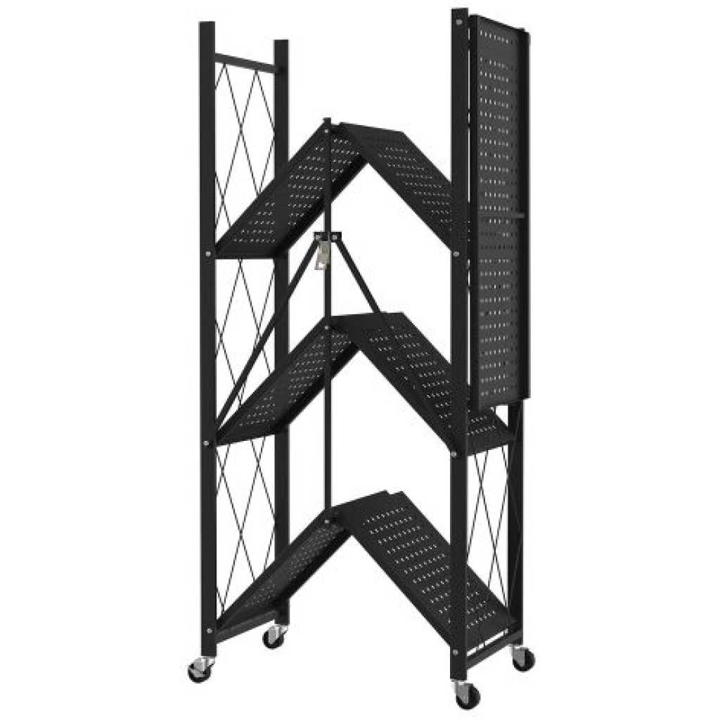 4 Tier Foldable Storage Shelves With Wheels Rack Pantry Organizer For Kitchen Bedroom Bathroom Office- Black