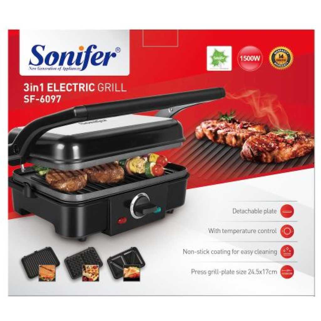 Sonifer 3 In 1 Waffle Maker Sandwich Barbecue Electric Baking Pan Toaster - Black.