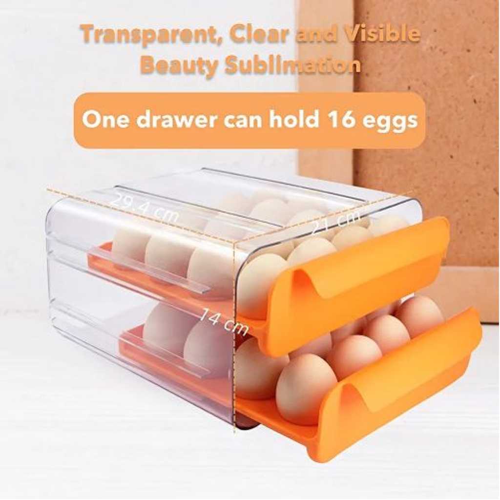 32 Grid Egg Holder For Refrigerator 2-Layer Egg Container Organizer Tray Storage Container- Orange