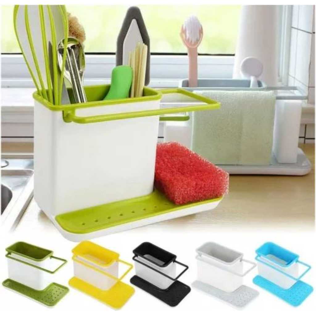 3 in1 Kitchen Sink Organizer Stand Draining Holder Towel Soap Brush Sponge Rack- Green