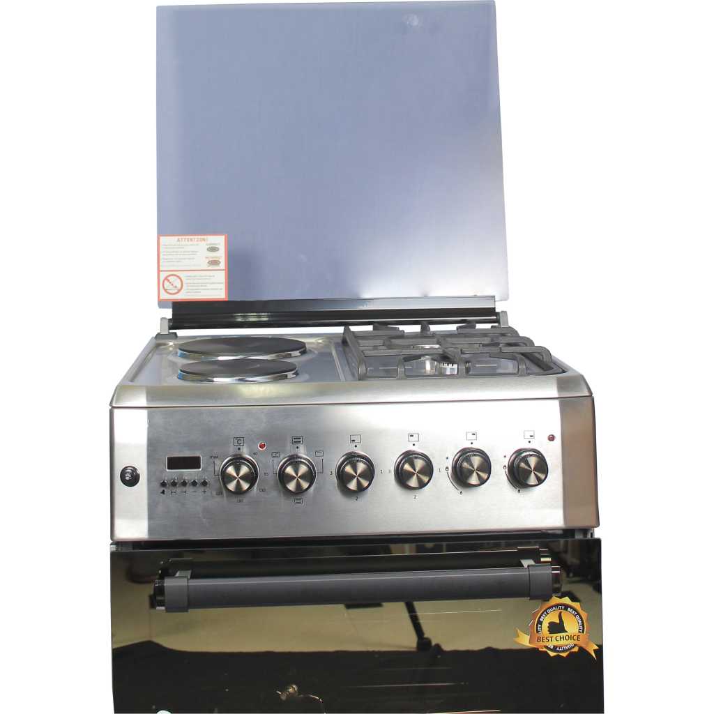 Blueflame 60x60cm Diamond Cooker; 2 Gas and 2 Hotplate D6022ERF; Electric Oven & Grill, Digital Timer, THermostat, Oven Lamp, Cast Iron Pan Supports, Rotisserie, Auto Ignition - Inox