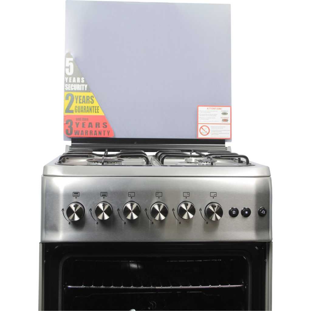 Blueflame Full Gas Cooker 60 by 60 cm S6040GRFP With Gas Oven & Grill, Turbo Fan, Automatic Ignition, Rotisserie, Glass Cover, Oven lamp - Inox