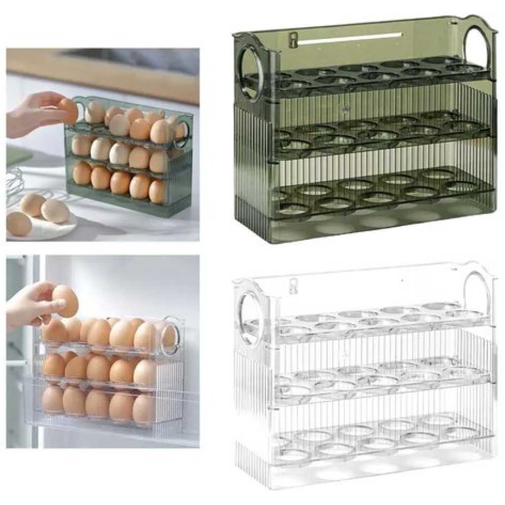 3 Layer Egg Holder For Fridge Storage Container Tray Container 30 Eggs, Space Saver- Green