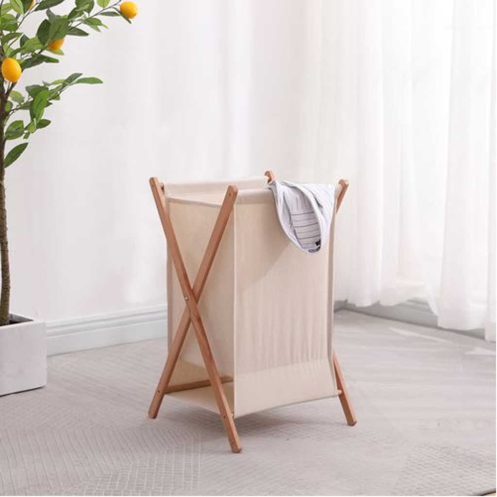 Foldable Clothes Laundry Basket Bag With Wooden Stand Storage Bin - Cream