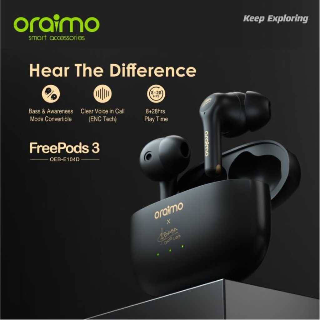 Oraimo FreePods 3 ENC Calling Noise Cancellation TWS True Wireless Earbuds OEB-E104D – Black Oraimo Earbuds TilyExpress 28