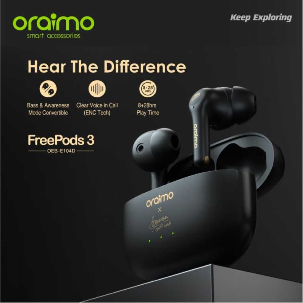 Oraimo FreePods 3 ENC Calling Noise Cancellation TWS True Wireless Earbuds OEB-E104D - Black