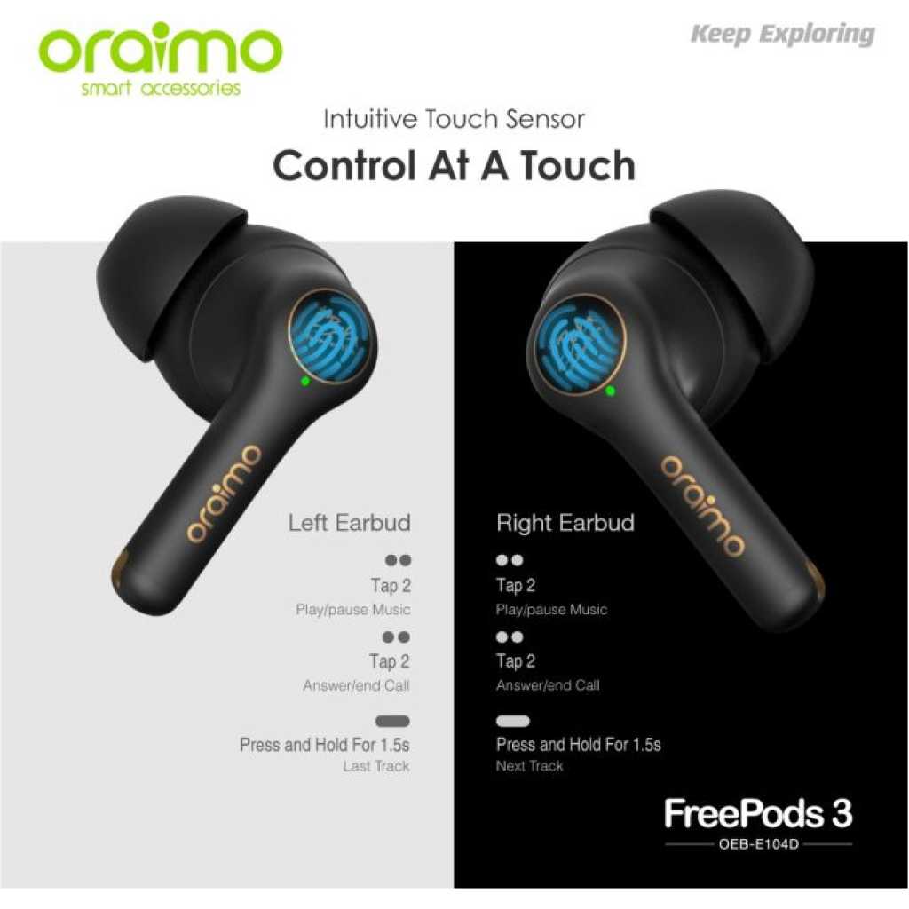 Oraimo FreePods 3 ENC Calling Noise Cancellation TWS True Wireless Earbuds OEB-E104D - Black